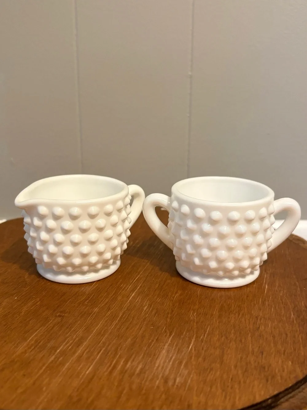 Vintage Fenton? Milk Glass Hobnail Small Creamer and Sugar Set
